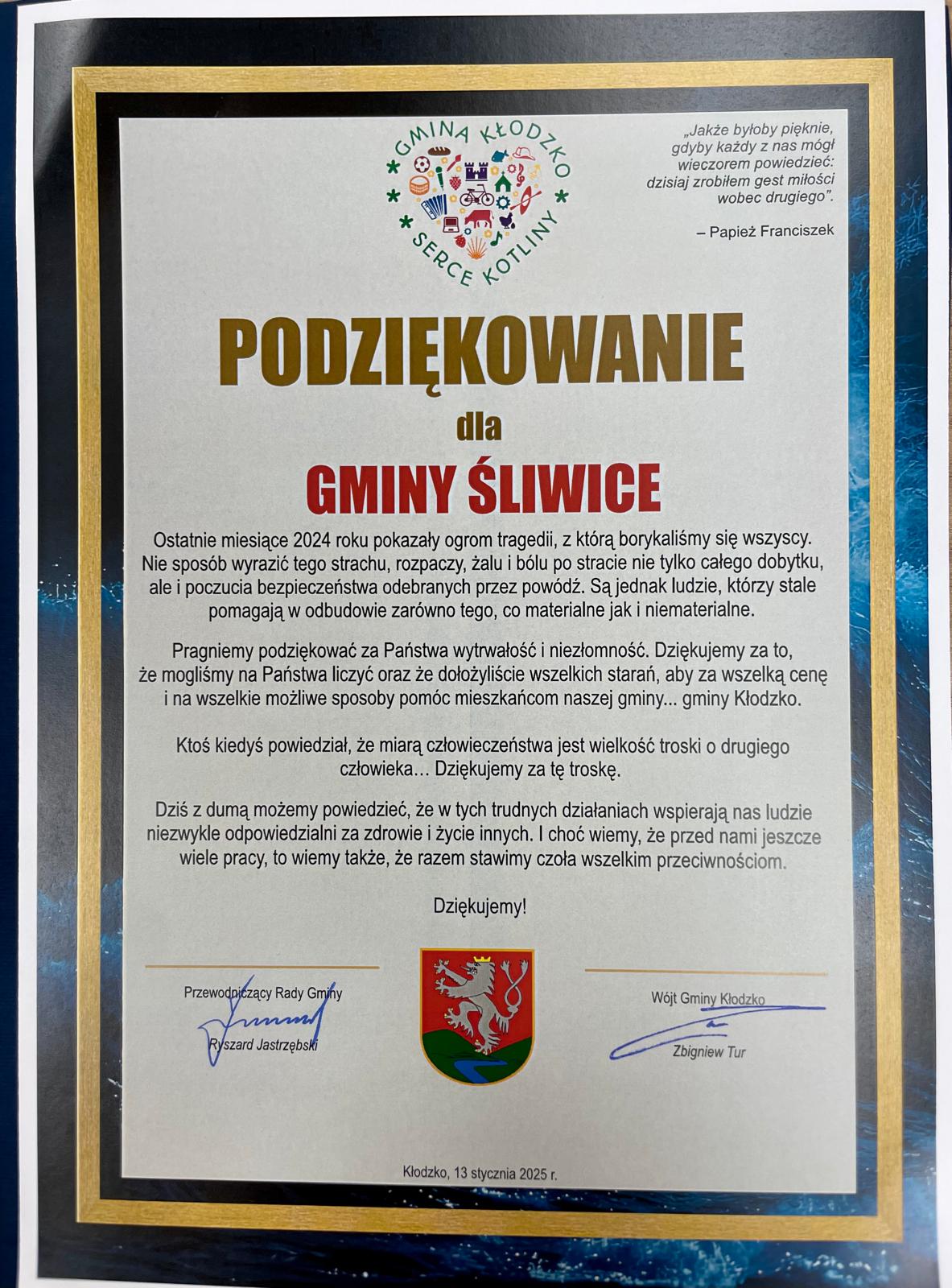 podziękowania dla gminy śliwice od w&oacute;jta gminy kłodzko
