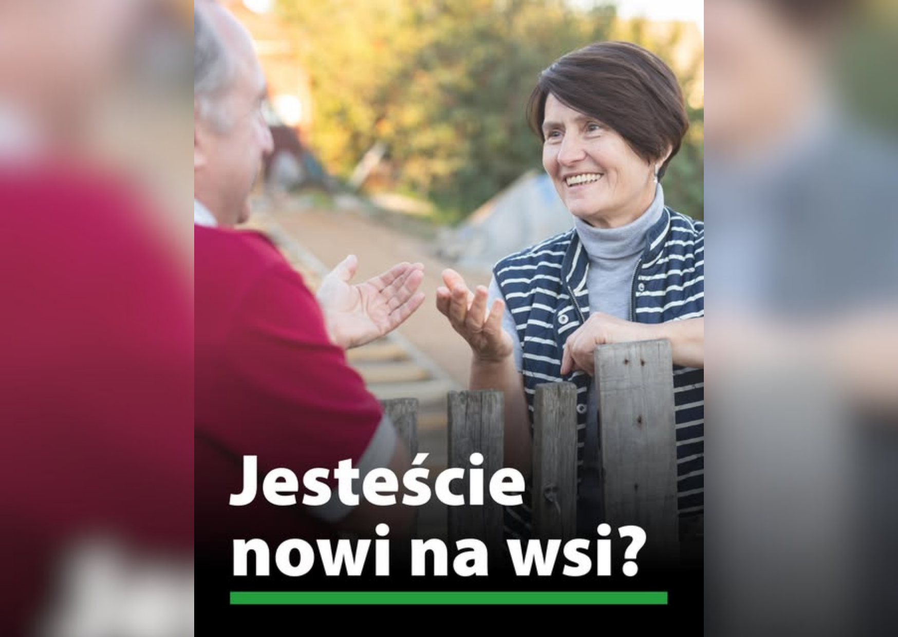 grafika z napisem jesteście nowi na wsi? w tle kobieta i mężczyzna