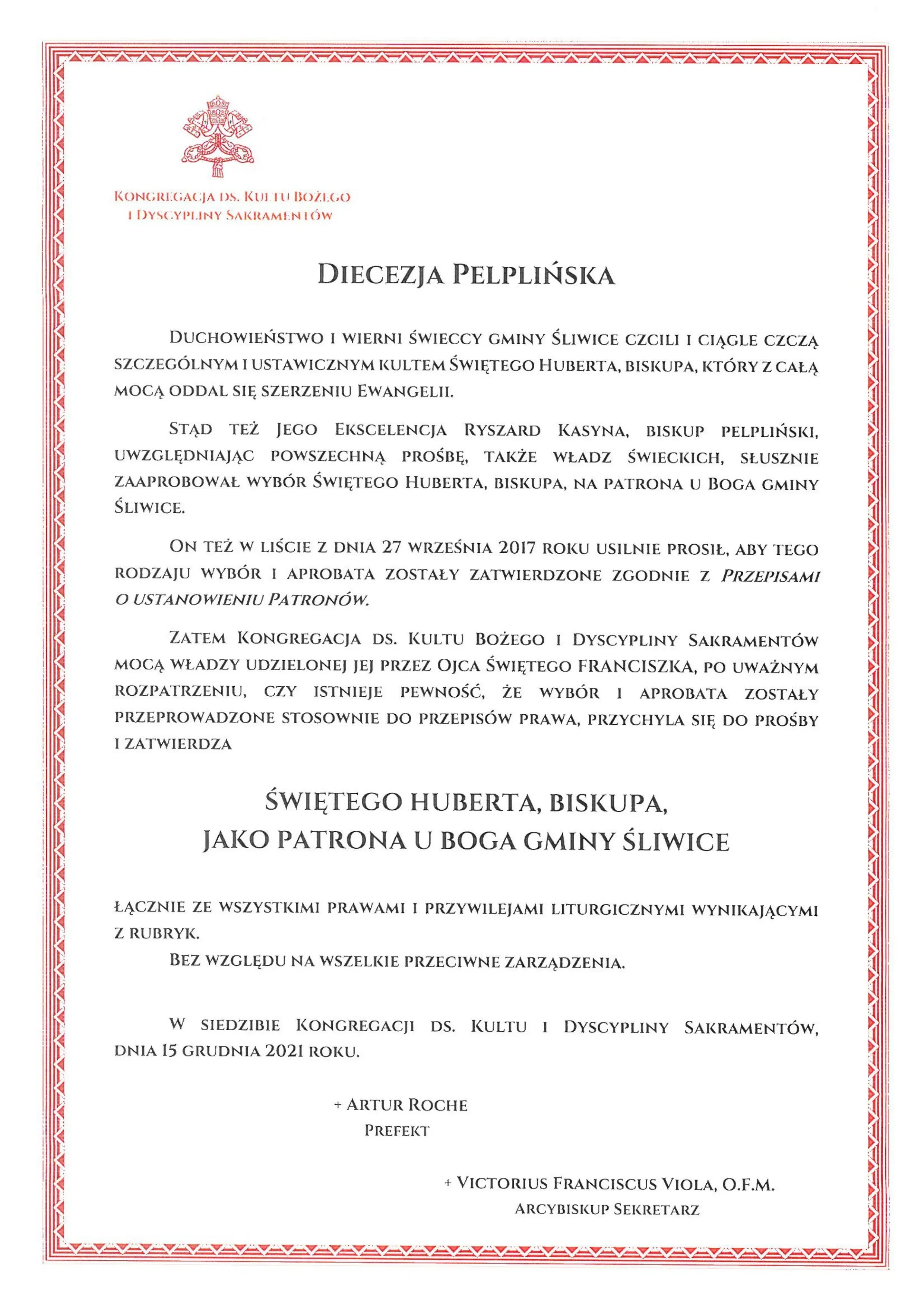 decyzja kongregacji ds. kultu i bożego i dyscypliny sakramentów zatwierdzająca św huberta jako patrona gminy
