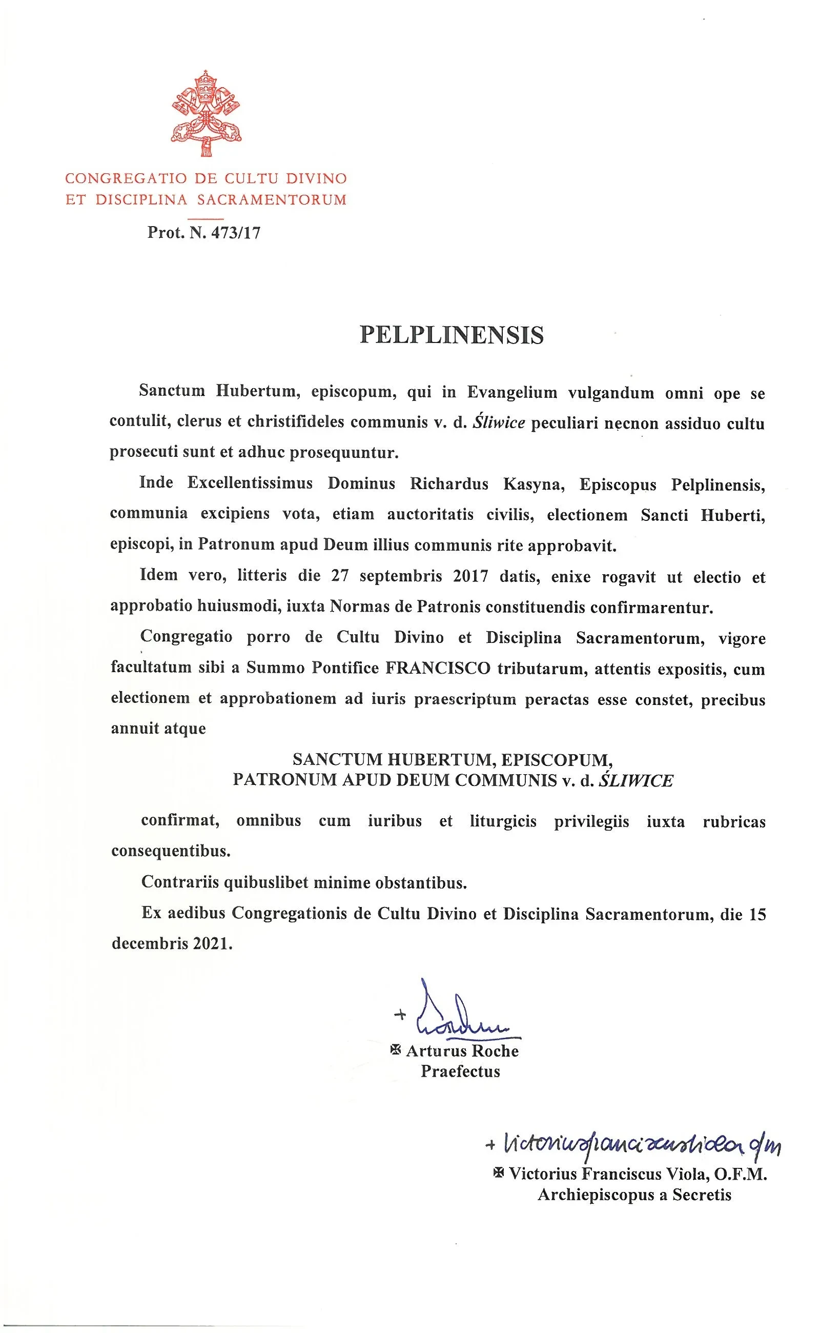 decyzja kongregacji ds. kultu i bożego i dyscypliny sakramentów zatwierdzająca św huberta jako patrona gminy po łacińsku