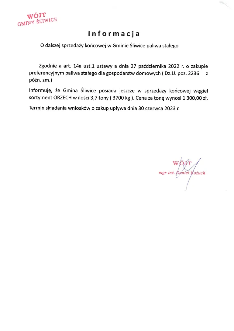 informacja o dalszej sprzedaży końcowej