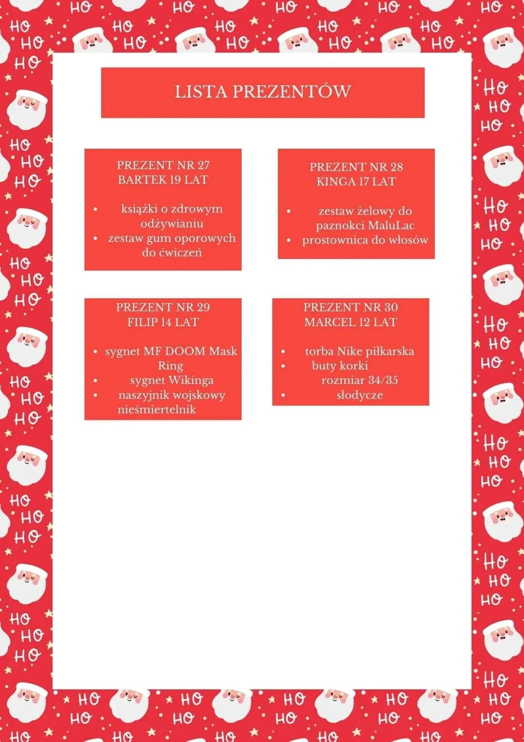 lista prezentów
