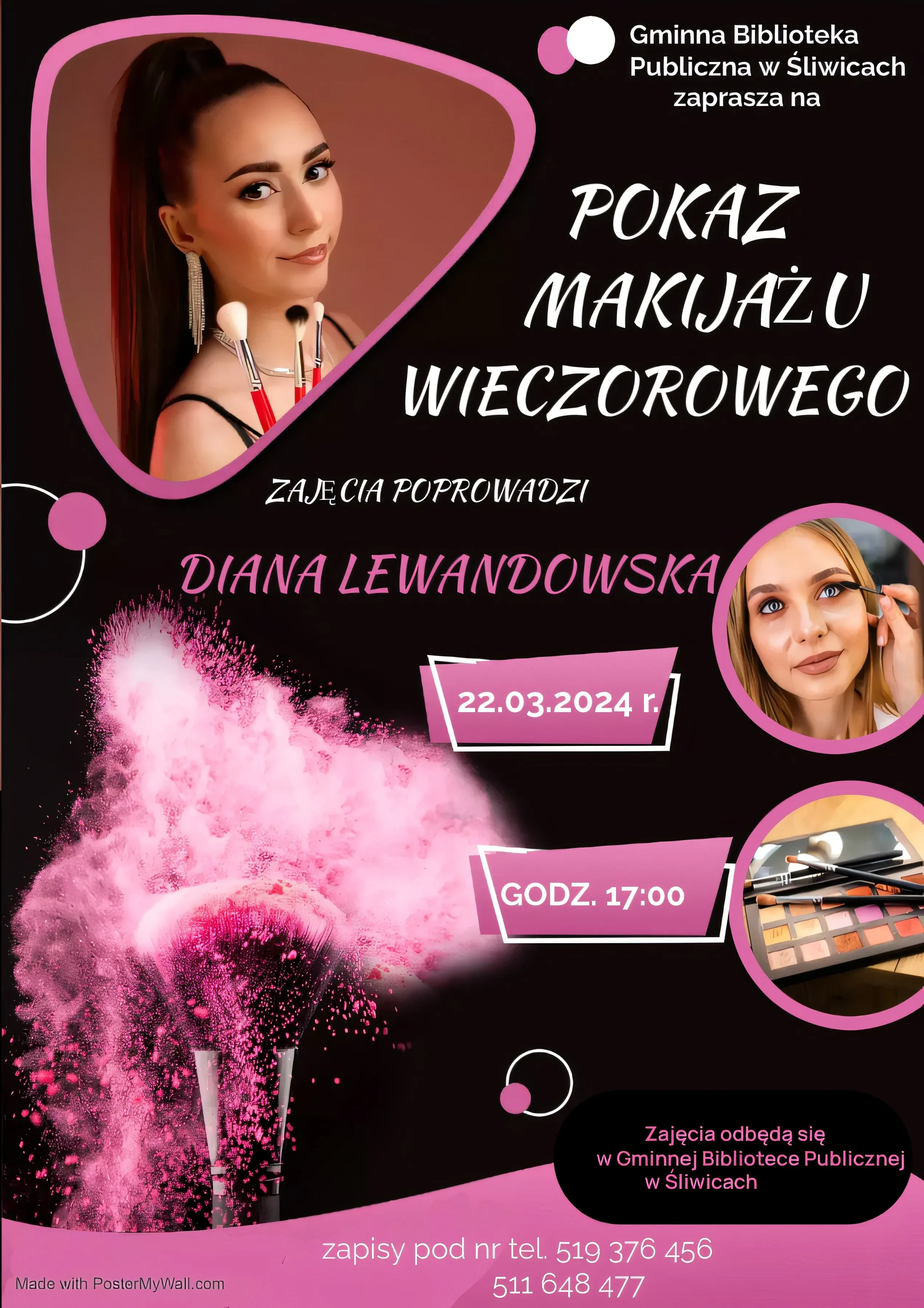 Ulotka na warsztaty makijażu z kobietą w różowym makijażu.