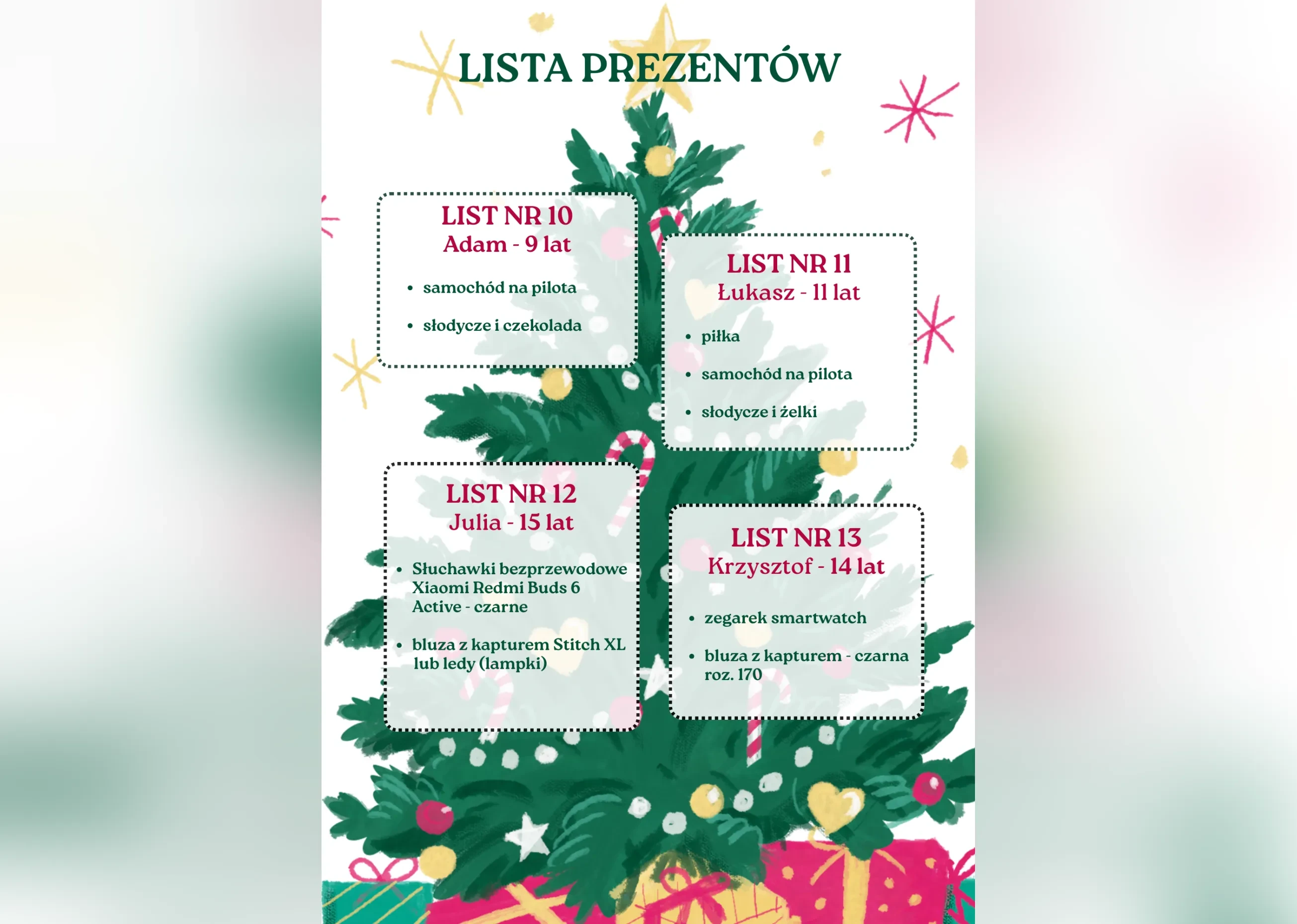 Świąteczne marzenia lista prezentów od 10-13