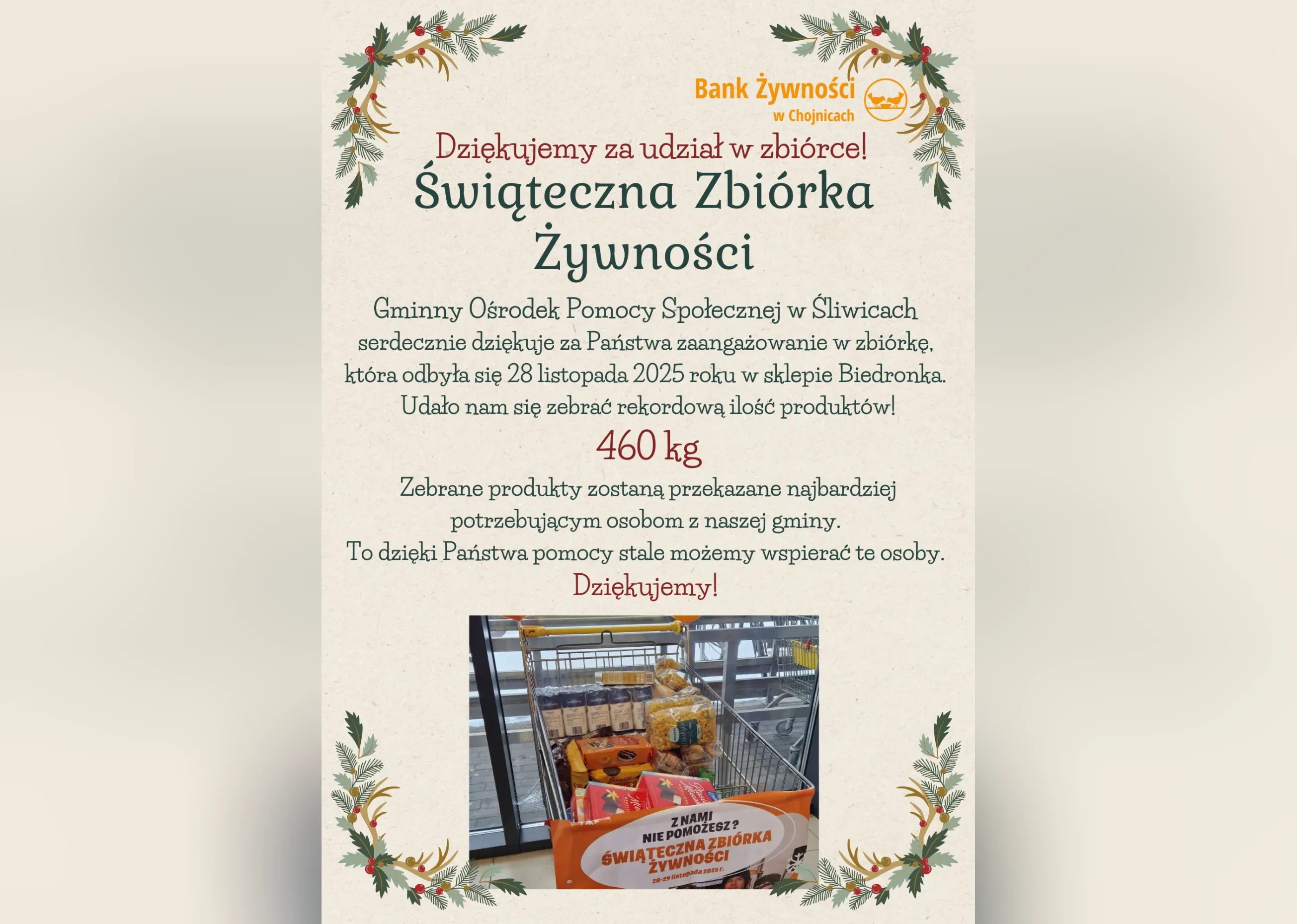 podziękowanie za Świąteczną Zbiórkę żywności plakat 